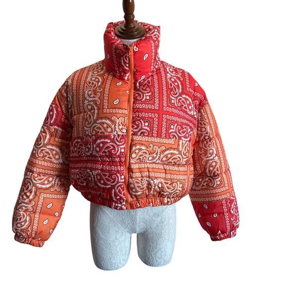 Puffer Jacket cropped Azalea Wang Orange Paisley Bandana Print M Y2K Dopamine - Picture 3 of 9